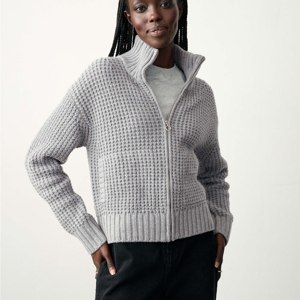 White and Warren Wool Blend Waffle Zip Up Sweater